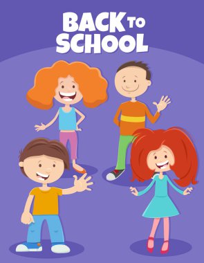 İlkokul çağındaki komik çocuk karakterlerinin çizgi film çizimi Okula Dönüş başlığı