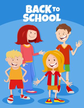 İlkokul çağındaki komik çocuk karakterlerinin çizgi film çizimi Okula Dönüş başlığı