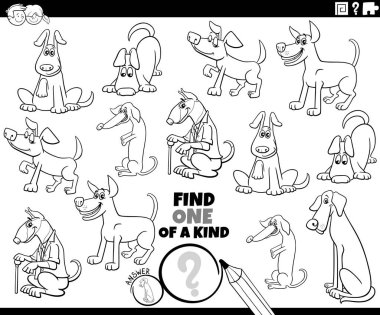 Black and white cartoon illustration of find one of a kind picture educational task with comic dogs animal characters coloring page
