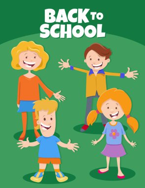 İlkokul çağındaki komik çocuk karakterlerinin çizgi film çizimi Okula Dönüş başlığı