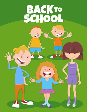 Mutlu ilkokul çocuk karakterlerinin çizgi film çizimi Okula Dönüş başlığı