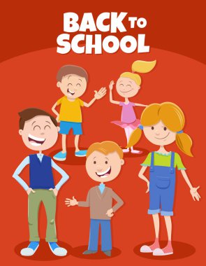 Mutlu ilkokul çocuk karakterlerinin çizgi film çizimi Okula Dönüş başlığı