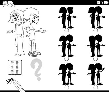 Kız ve erkek karakter boyama sayfası ile ilgili eğitici aktiviteler olmadan gölgeyi bulmanın siyah ve beyaz çizgi film çizimi