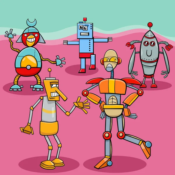 滑稽机器人和机器人漫画人物群的卡通画 — 图库矢量图片