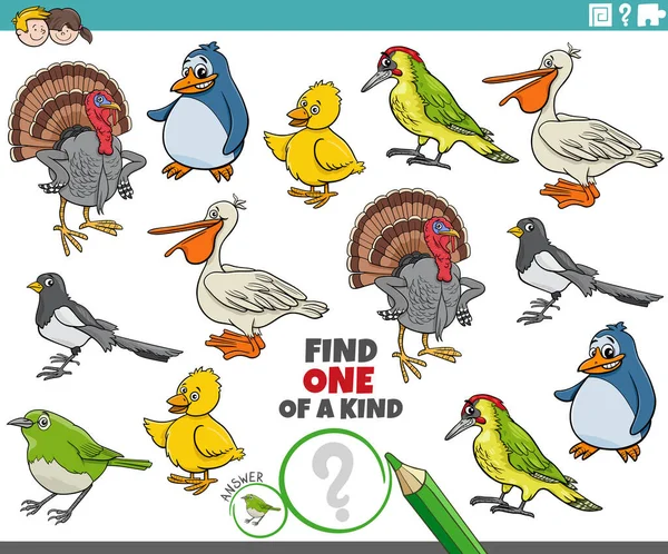 Cartoon Ilustrace Najít Jeden Druhu Obrázek Vzdělávací Hra Komiksy Ptáků — Stockový vektor