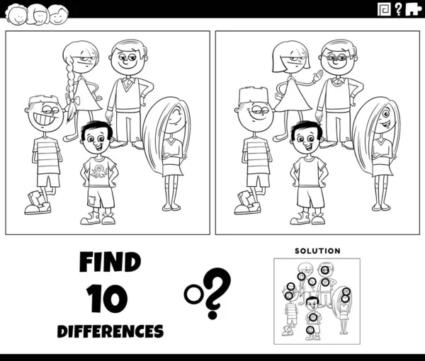 Black White Cartoon Illustration Finding Differences Pictures Educational Game School — стоковый вектор