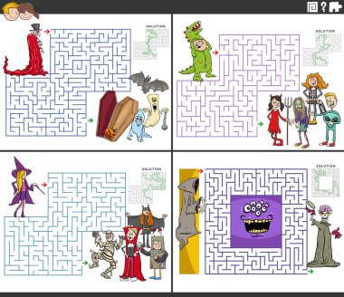 Çocuklu ve fantezi karakterli eğitim labirenti aktivitelerinin çizgi film çizimi