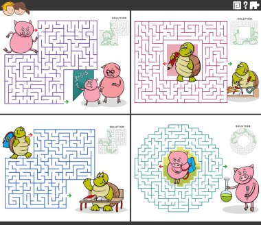 Okulda domuzlar ve kaplumbağaların oynadığı eğitici labirent bulmaca aktivitelerinin çizgi film çizimi