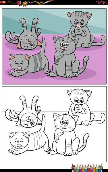 Komik Tekir Kedilerin Çizgi Film Çizimleri Hayvan Karakterlerinin Grup Boyama — Stok Vektör