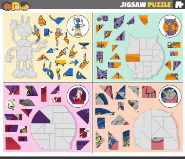 Cartoon illustration of educational jigsaw puzzle games set with fantasy characters