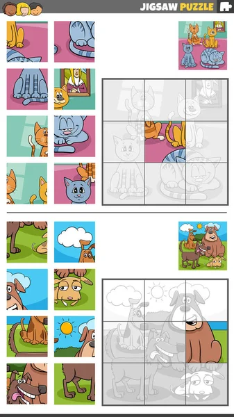 Cartoon Ilustrace Vzdělávací Puzzle Hry Set Kočkami Psy Znaky — Stockový vektor