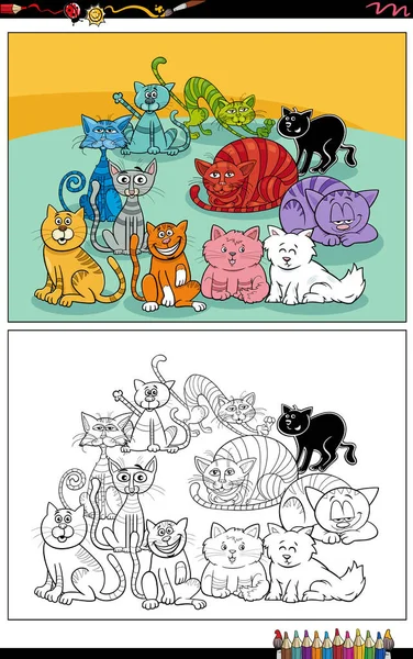 Kreskówki Ilustracje Śmieszne Kolorowe Koty Kocięta Zwierząt Znaków Grupy Kolorowanki — Wektor stockowy