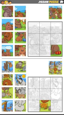 Cartoon illustration of educational jigsaw puzzle games set with wild animal characters