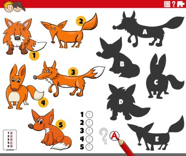 Tilki hayvan karakterleriyle yapılan eğitici oyunun doğru gölgelerini bulmanın çizgi film çizimi