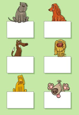 Köpekler ve köpek yavrularının çizgi film çizimleri. Boş kart ya da pankart dizayn edilmiş hayvan karakterleri.