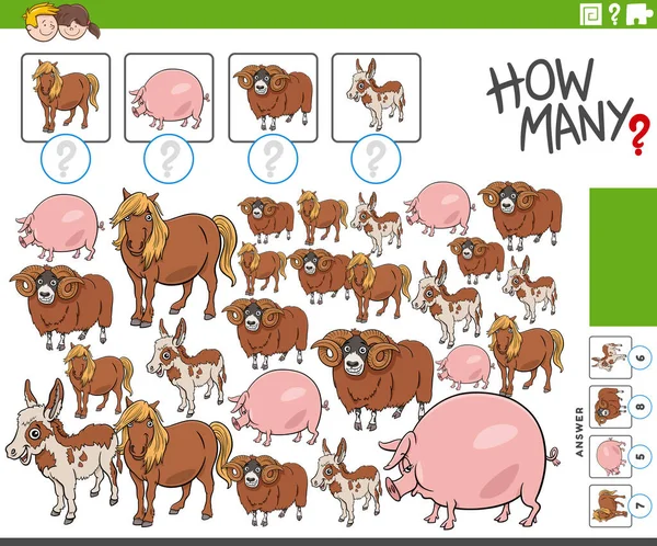 Ilustrasi Kartun Aktivitas Penghitungan Pendidikan Dengan Karakter Hewan Ternak - Stok Vektor