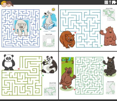 Vahşi hayvan karakterleri ile hazırlanmış eğitim labirenti aktivitelerinin çizgi film çizimi