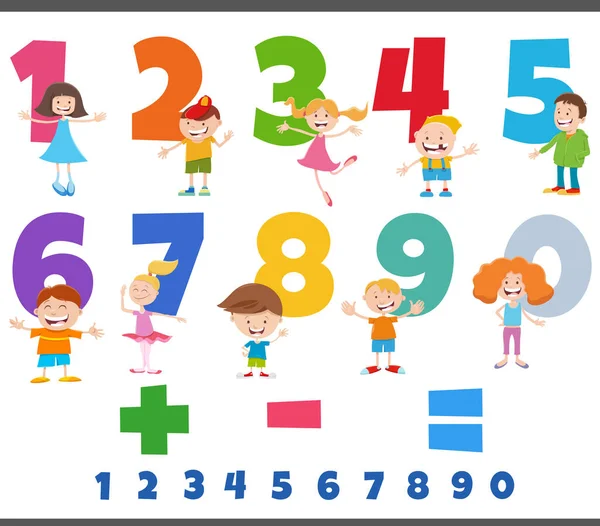 Ilustracja Rysunkowa Liczb Edukacyjnych Jednego Dziewięciu Zabawnymi Postaciami Dzieci — Wektor stockowy