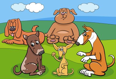Çayırdaki komik köpek ve köpek yavrularının çizgi film çizimleri.
