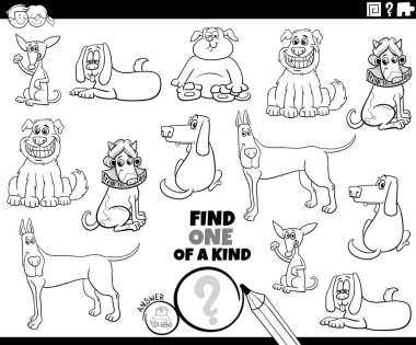Siyah beyaz çizgi film çizimleri, çizgi roman köpekleri ve hayvan karakterleri boyama sayfasının yer aldığı eğitici bir resim oyunu.