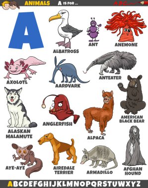 A harfi için hazırlanmış hayvan karakterlerinin çizgi film çizimi