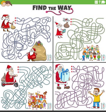 Noel Baba 'nın çocuklarla Noel zamanı oynadığı labirent oyunlarını bulmanın çizgi film çizimi
