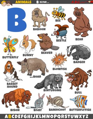 B harfi için hazırlanmış hayvan karakterlerinin çizgi film çizimi