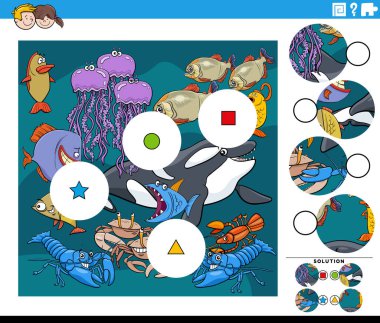 Eğitimin çizgi film çizimi, deniz hayvanı karakterleriyle yapboz oyununun parçalarıyla uyuşuyor