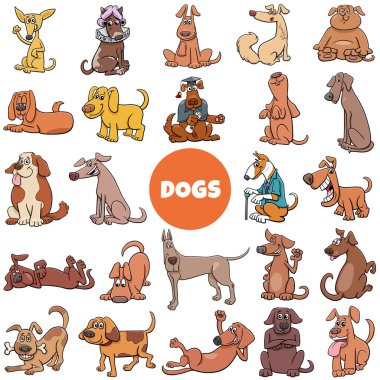 Köpek ve köpek yavrularının çizgi film çizimi. Hayvan çizgi karakterleri. Büyük set.