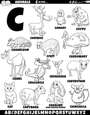 C harfi boyama sayfası için hayvan karakterlerinin çizgi film çizimi