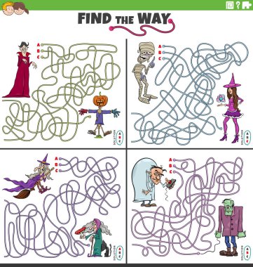 Komik fantezi karakterleri ile labirent aktivitelerini bulmanın çizgi film çizimi