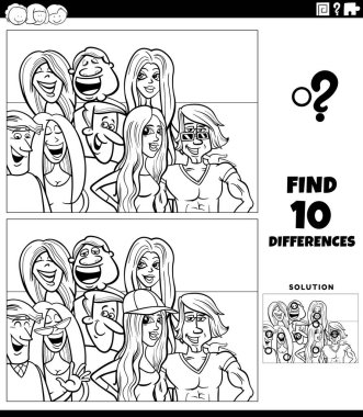 Siyah-beyaz çizgi film çizimi resimlerdeki eğitimsel oyun ile komik genç insanların karakter boyama sayfası arasındaki farkları gösteriyor.
