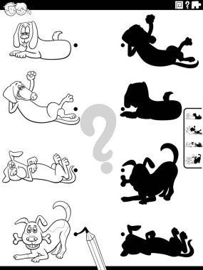 Siyah beyaz karikatür çizimleri doğru gölgeler ile komik köpek boyama sayfası ile eğitici aktiviteler eşleşiyor