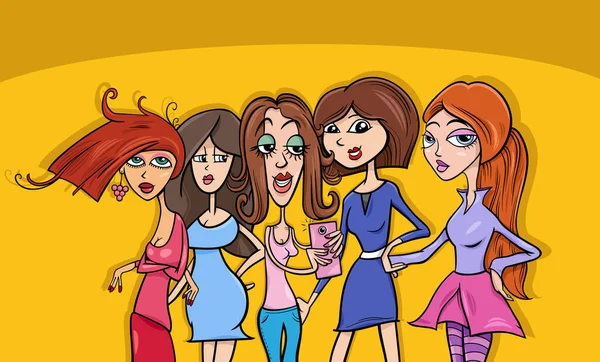 Dibujos Animados Ilustración Divertido Grupo Personajes Cómicos Mujeres Jóvenes — Vector de stock