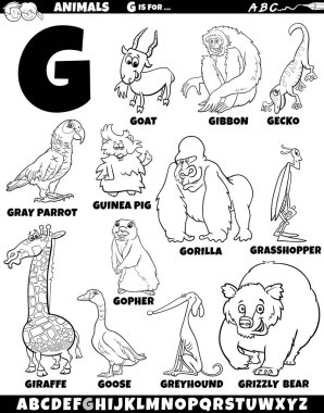 G harfi renklendirme sayfası için hayvan karakterlerinin çizgi film çizimi