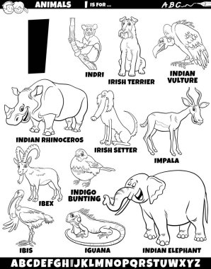 I harfi boyama sayfası için hazırlanmış hayvan karakterlerinin çizgi film çizimi