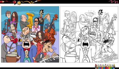 Komik müzisyenlerin çizgi film çizimleri karakter grubu veya bant boyama sayfası