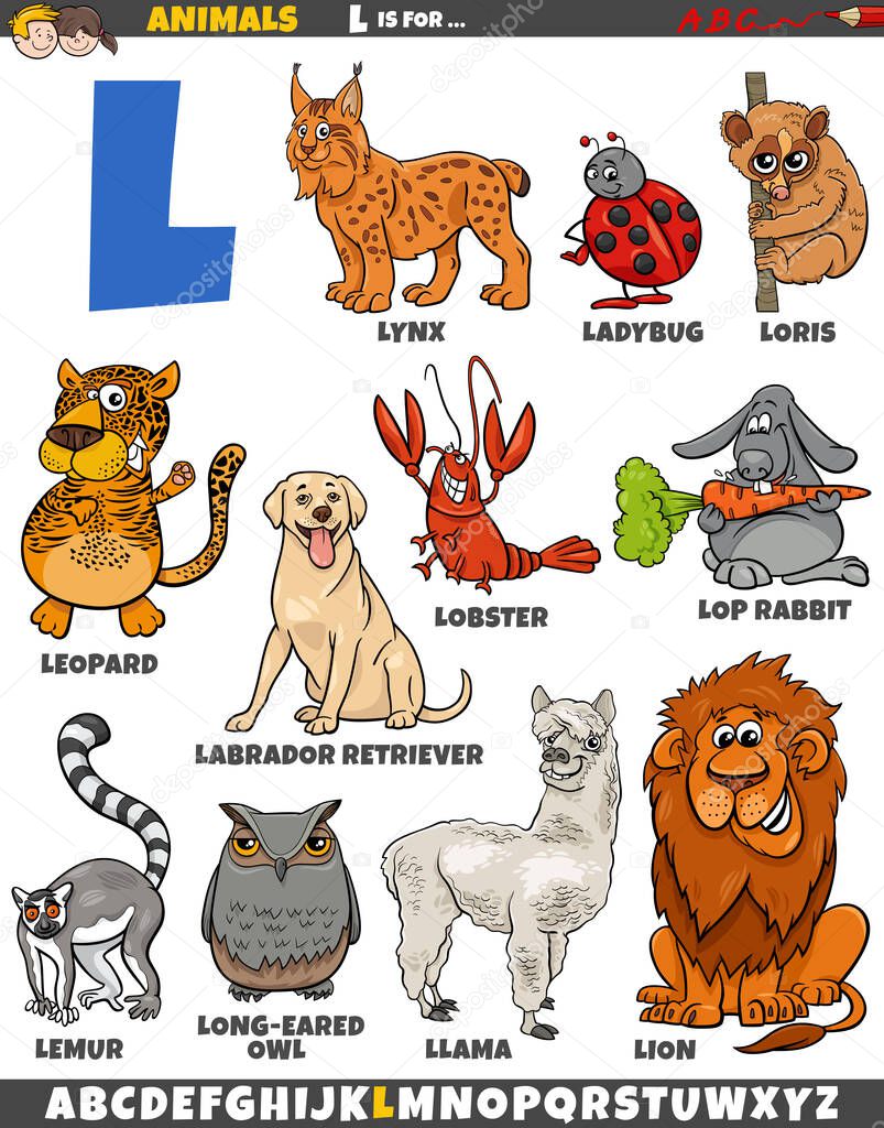 Cartoon illustration of animal characters set for letter L