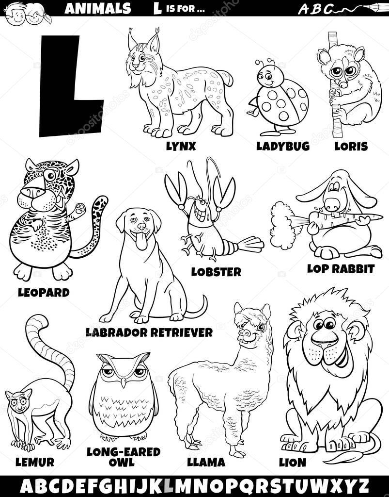 Dibujos Animados Ilustración Personajes Animales Conjunto Para Letra Para  Colorear Vector de stock por ©izakowski 681018404