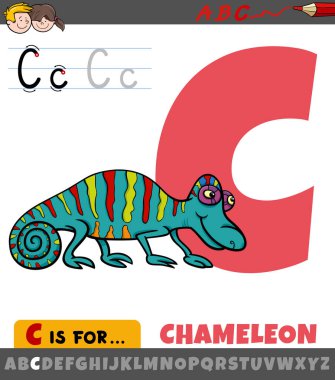 Bukalemun hayvan karakterli alfabeden C harfinin eğitici çizimi.