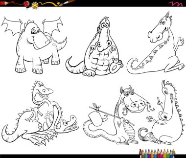 Komik ejderhaların siyah beyaz karikatür çizimleri boyama sayfası oluşturdu.