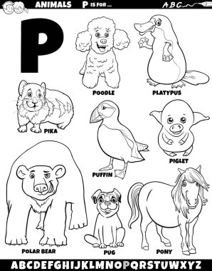 P harfi renklendirme sayfası için hayvan karakterlerinin çizgi film çizimi