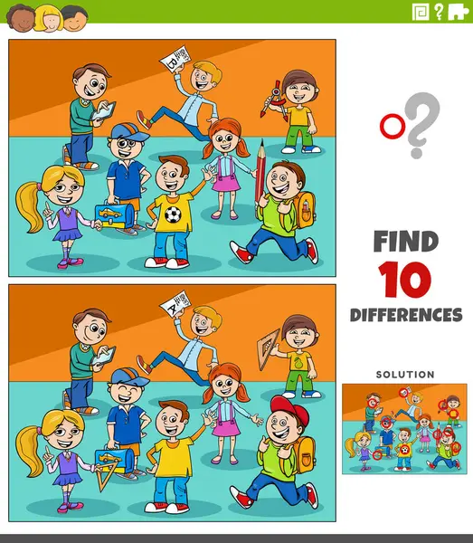 Cartoon Illustration Finding Differences Pictures Educational Activity School Pupils Characters — Stock Vector