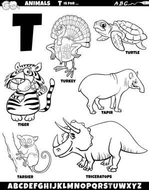 T harfi renklendirme sayfası için hayvan karakterlerinin çizgi film çizimi