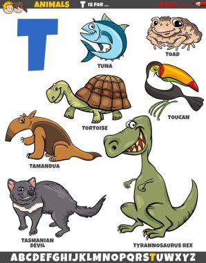 T harfi için hazırlanmış hayvan karakterlerinin çizgi film çizimi