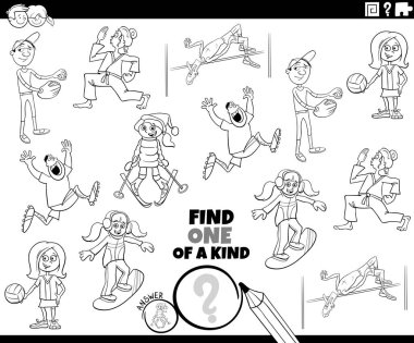 Spor ve insanların karakter boyama sayfaları ile ilgili eğitici bir resim oyunu bulmanın siyah ve beyaz çizimi