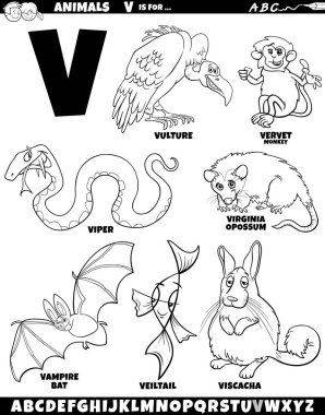 V harfi boyama sayfası için hayvan karakterlerinin çizgi film çizimi