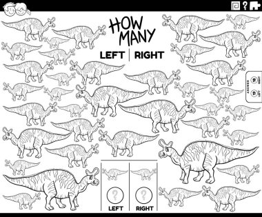 Dinozor karakter boyama sayfasının sol ve sağ odaklı resimlerinin eğitici oyununun siyah ve beyaz çizimi