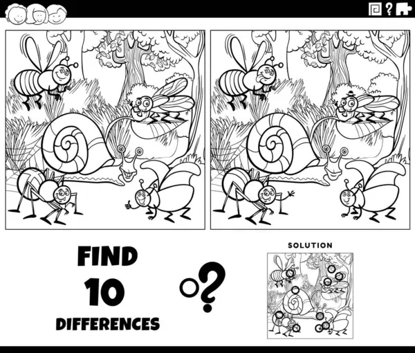 Komik böcek karakterleri grubu ve salyangoz boyama sayfası ile resim eğitimsel etkinlik arasındaki farklılıkları gösteren çizgi film çizimi