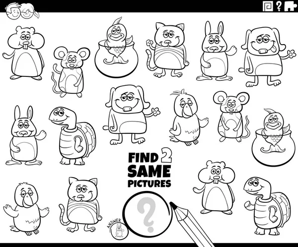 Çizgi film çizimleri, aynı iki resmi bulmanın çizgi roman hayvan karakterleri boyama sayfasında yer alan eğitici aktiviteler.